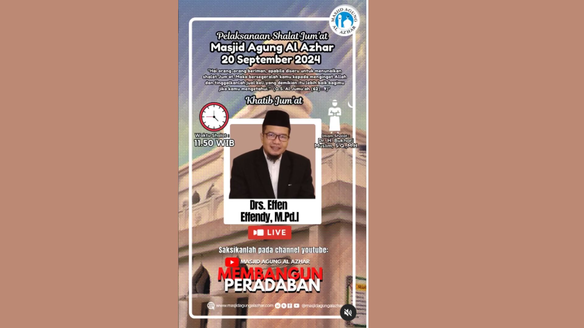 Pelaksanaan Shalat Jum'at, 20 September 2024, Waktu Shalat Jum'at : 11.50 WIB